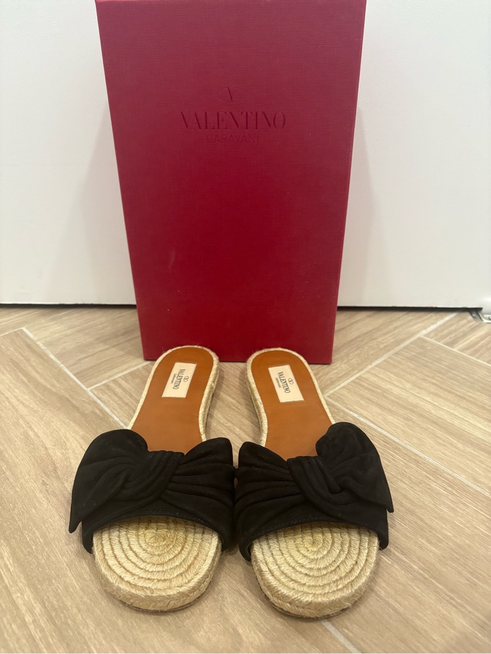 Valentino Black Suede Bow Espadrille Slides